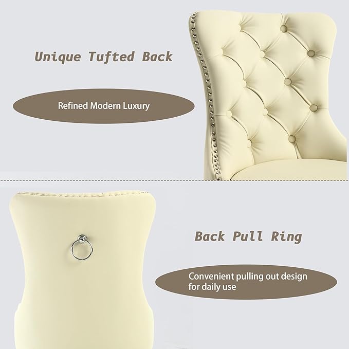 KCC Faux Leather Dining Chairs Set of 6, Upholstered High-end Tufted Dining Room Chair with Nailhead Back Ring Pull Trim Solid Wood Legs, Contemporary Nikki Collection Modern Style for Kitchen, Beige