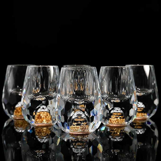 SIYOUKI Crystal Shot Glasses 0.5oz Set,Decorated With 24K Gold Leaf Flakes,Lead-Free,Handmade Set Suitable For MaoTai,Spirits,Drinks Tastin,Gift-Box Packaging (Diamond-6PCS)
