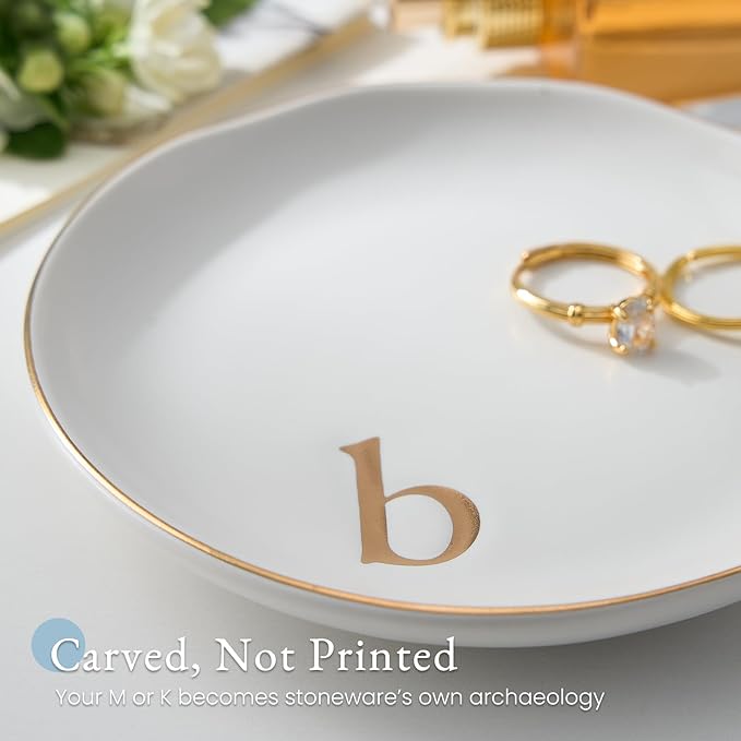 Lolalet Handmade Ceramic Ring Dish Jewelry Tray Plate with Initial, Small Monogram Gift for Her Women Girls Mother, Hostess, Engagement, Bridal Shower, Maid of Honor, Bridesmaid, Birthday, Christmas