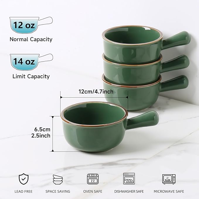 MONITO 16 Oz French Onion Soup Bowls, Ceramic Soup Bowls with Handles, Stackable Soup Crocks Oven Safe for Chili, Beef Stew, Cereal,Casseroles Microwave & Dishwasher Safe, Set of 4, Forest Green