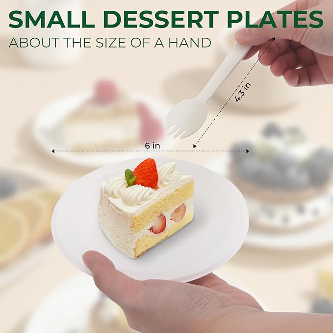 200PCS (100Sets) Biodegradable Paper Plates Set, (100PCS 6" Dessert Plates and 100PCS Forks/Sporks), Compostable Appetize Plate, Disposable Cake Plate, Perfect for Birthday Party