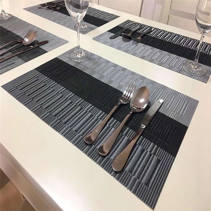 PIGCHCY Placemats Set of 8 Washable Durable Placemat Vinyl Heat Resistant Non-Slip Table Mats Indoor Outdoor (Black)