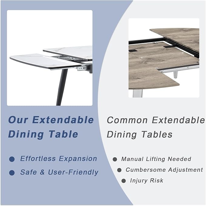 Extendable Dining Table Set for 4, 55'' to 78.8'' Rectangular Thickened Sintered Stone Kitchen Table with 4 Upholstered Chairs, Modern Space Saving 5-Piece Dinner Table Set