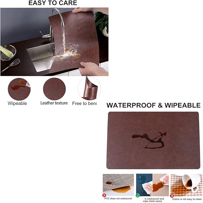 Reusable Faux Leather Eco-Friendly Placemats Set of 4,Wipeable Soft Place Mats,Waterproof&Oilproof Table Mats,Washable,Heat-Resistant,Non-Slip for Kitchen(Brown,4)