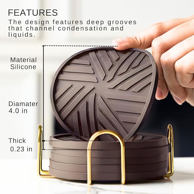 Housewarming Coasters Set of 6 - Non-Slip Table Coasters for Drinks, Mugs, Glasses, Cups, Round Pads with Stylish Groove Patterns & Gold Holder Stand - 4", 0.23" (Dark Grey)