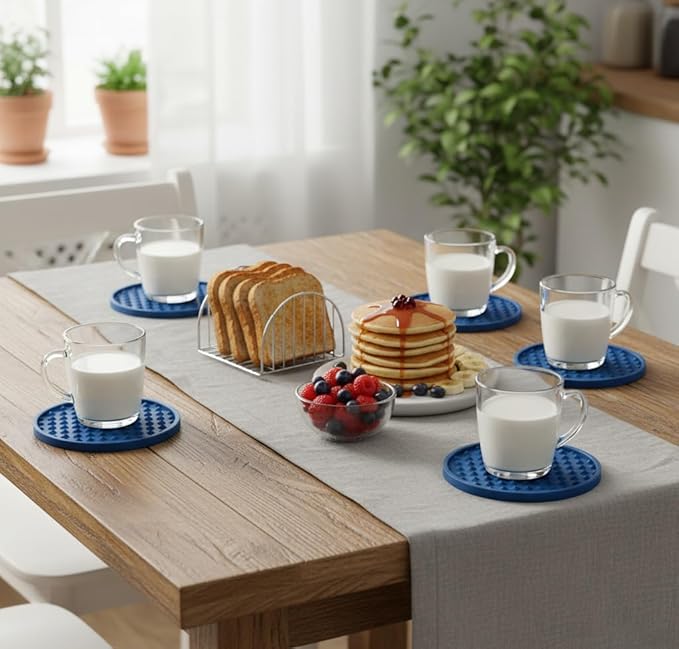 Set of 6 Silicone Coasters, 4'' Drink Coaster with Holder, Round Coasters for Drinks Beer Coffee Home Office Bar Desk Tabletop Protection, Non-Slip Rubber Coaster (Navy Blue, 6 Pcs-Metal Holder)