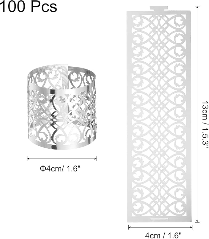uxcell 100Pcs Napkin Rings Laser Cut Foil Paper, Napkin Holder Hollow Napkin Bands for Weddings Party Serviette Table Decoration Restaurant (Reflective Silver Tone, 5.3 x 1.6)