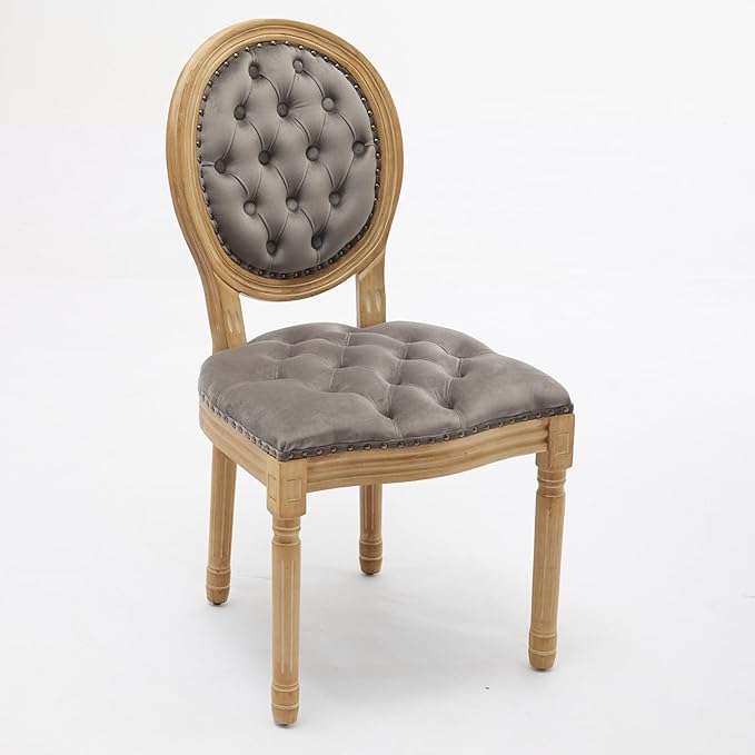 Ball & Cast French Vintage Upholstered Dining Chairs Set of 2, Button Tufted Kitchen Side-Chairs with Carved Antique Wood Frame & Nailhead Trims, 2-Piece Curved Backrest Louis Chair, Velvet Gray