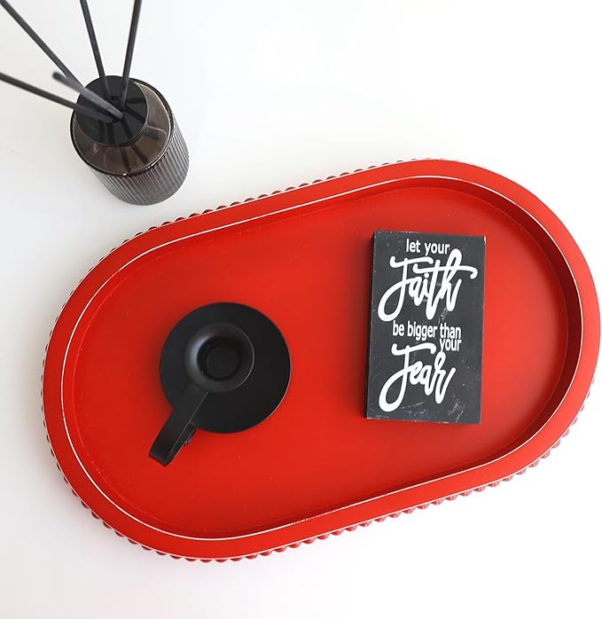 Red Oval Wood Decorative Ottoman Tray for Coffee Table Kitchen Counter, Living Room, Handcrafted Wooden Serving Tray for Table Centerpiece
