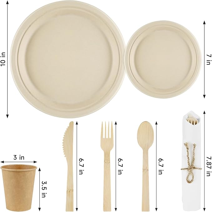 Compostable Disposable Dinnerware Set - 30pack Eco-Friendly Cutlery, Include: 30 10” and 7” Paper Plates, 30 Pre Rolled Napkins and Bamboo Cutlery Set, 30 Cups for Party