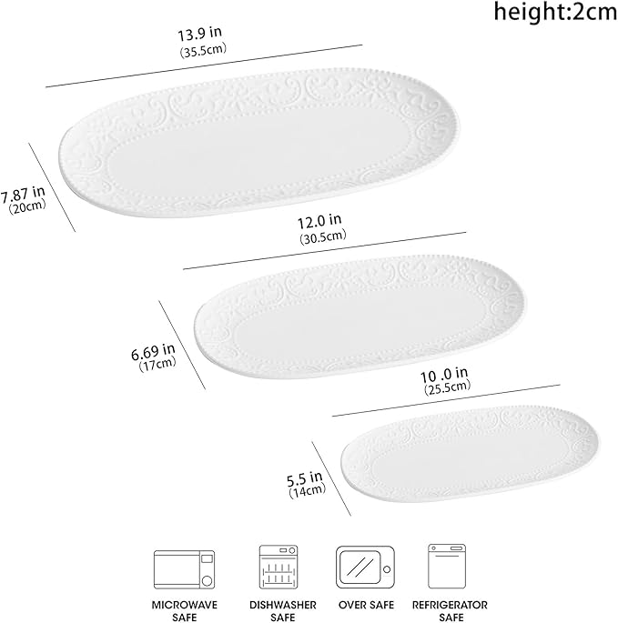 Oval Serving Platter, 14"/12"/10" Ceramic Serving Platters, Embossed White Serving Plates, Stackable Porcelain Tray for Appetizer, Dessert, Pasta, Sushi, Oven Dishwasher Safe, Set of 3, Family Dining