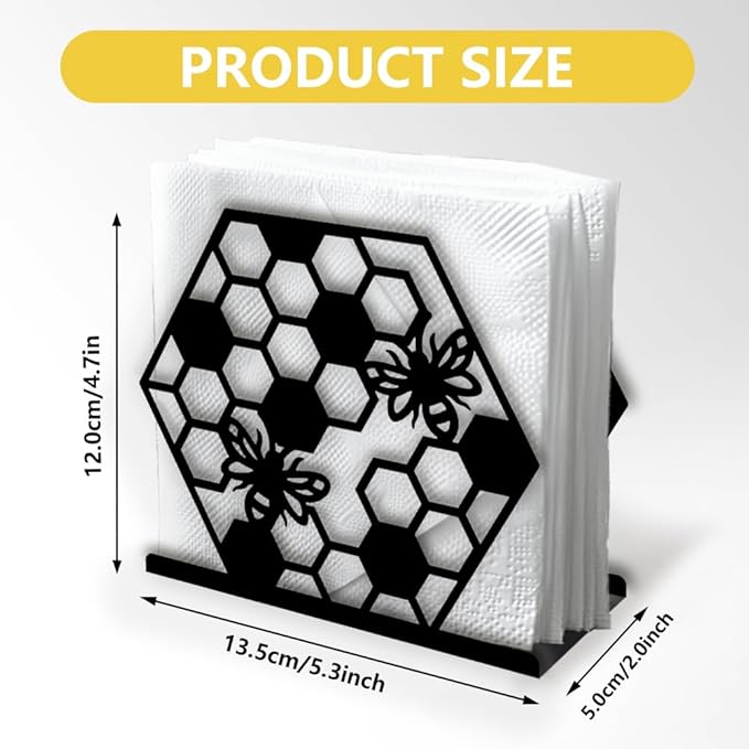 Honeycomb Bee Decorative Black Metal Napkin Holder for Table, 5.3" x 4.7" x 2" Insect Animal Standing Napkin Holder for Home Kitchen Restaurant Picnic Party Coffee Bar Dining Room