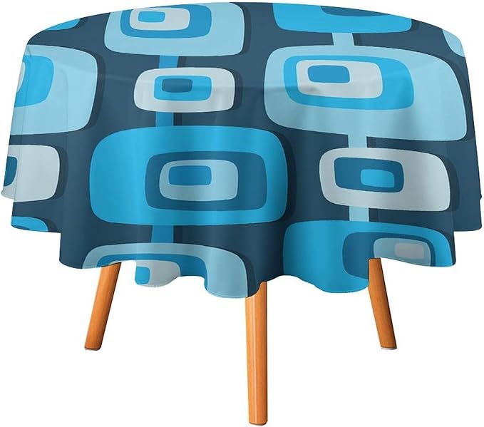 Mid Century Boho Round Tablecloth, Blue Mid Century Modern Art Abstract Geometric Pattern Retro Vintage Style Tablecloth for Home Party Dining Room Kitchen Decor 36Inch(90cm)
