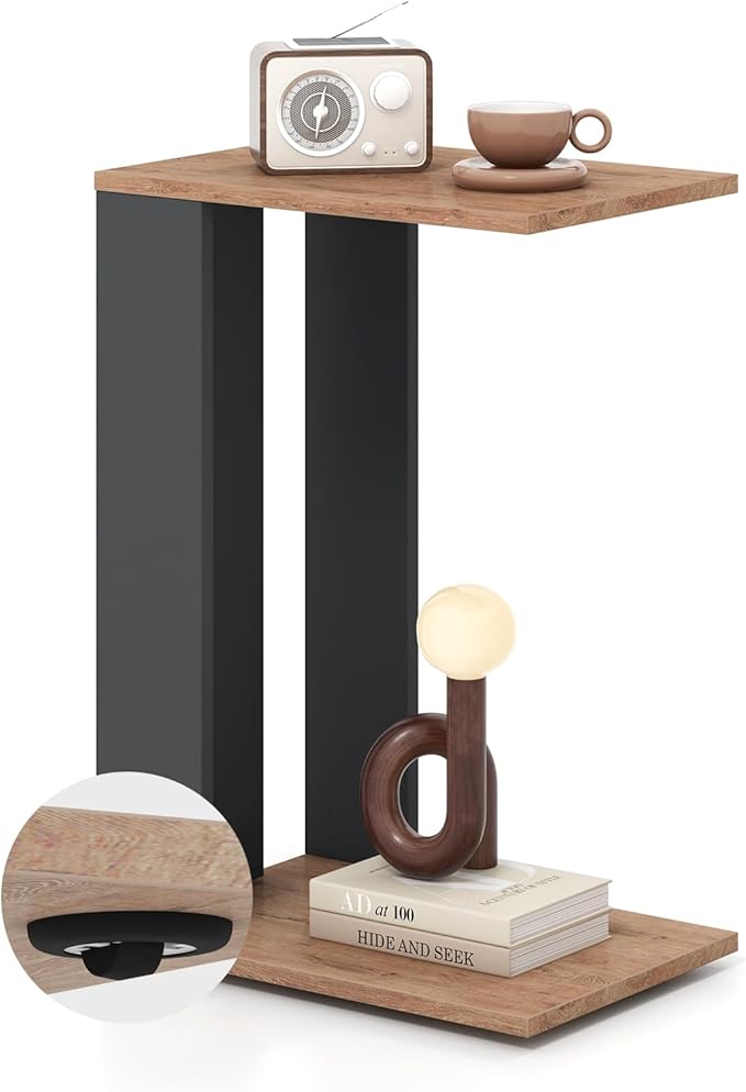 Giantex Rolling C Shaped End Table, 2-Tier Sofa Side Table with Universal Wheels & Storage Shelf, Narrow Nightstand for Small Space, Mobile Snack Couch Tray Table for Living Room & Bedroom