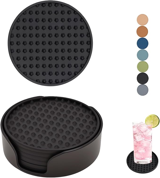 Set of 6 Silicone Coasters, 4'' Drink Coaster with Holder, Round Coasters for Drinks Beer Coffee Home Office Bar Desk Tabletop Protection, Non-Slip Rubber Coaster (Black, 6 Pcs-Plastic Holder)