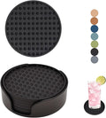 Set of 6 Silicone Coasters, 4'' Drink Coaster with Holder, Round Coasters for Drinks Beer Coffee Home Office Bar Desk Tabletop Protection, Non-Slip Rubber Coaster (Black, 6 Pcs-Plastic Holder)
