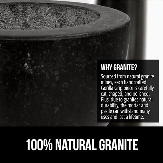 GORILLA GRIP Heavy Duty Mortar and Pestle Set with Slip Resistant Base, 100% Granite Stone Molcajete Guacamole Bowl, Grind Seeds Spices, Crush Garlic, Kitchen Muddler for Fresh Herbs, 1.5 Cup, Black