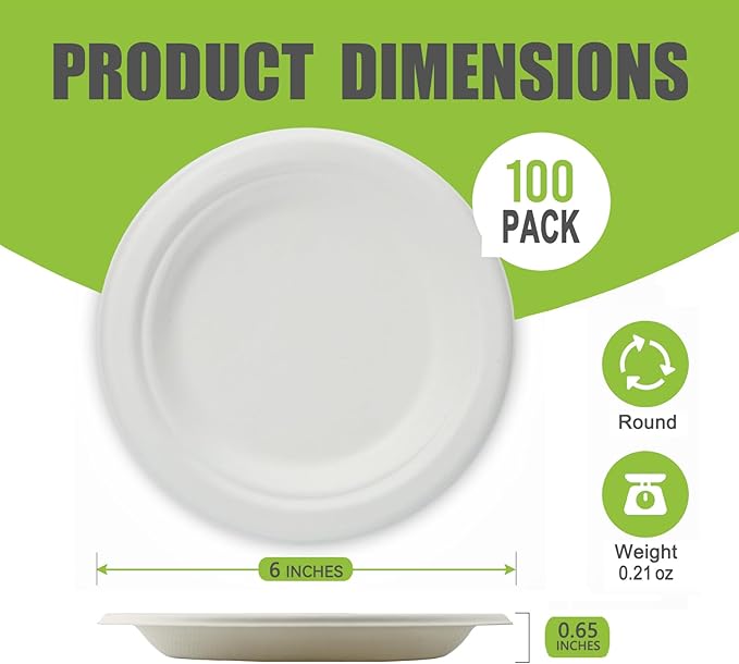 Small Paper Dessert Plates 6 Inch Disposable Biodegradable Compostable Appetizer Plates for Party, Dinner, Cake, Snacks (100 Pack, Heavy Duty Eco-Friendly Elegant White)