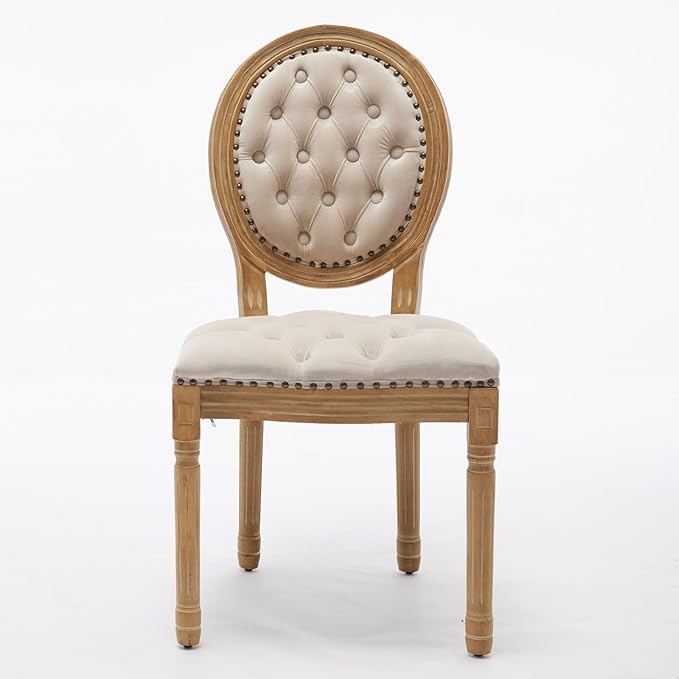 Ball & Cast French Vintage Upholstered Dining Chairs Set of 2, Button Tufted Kitchen Side-Chairs with Carved Antique Wood Frame & Nailhead Trims, 2-Piece Curved Backrest Louis Chair, Velvet Beige