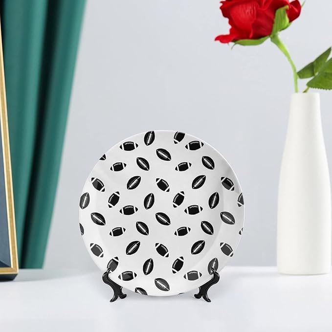 Ceramic Plates, American Football Decorative Ceramic Plates, Monochrome Pattern Black Rugby Balls Sports, 6 Inch, for Dining, Parties, Wedding, Black White