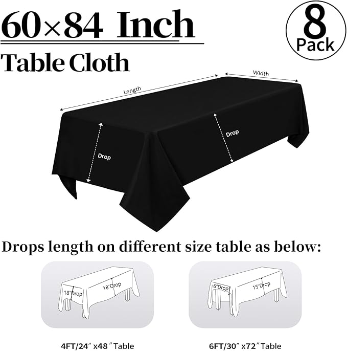 8 Pack Black Tablecloths 60 x 84 Inch Rectangular Table Cloth for 4 Foot Rectangle Tables, Wrinkle Resistant Washable Rectangle Fabric Table Covers for Wedding Party Banquet Buffet and Camping