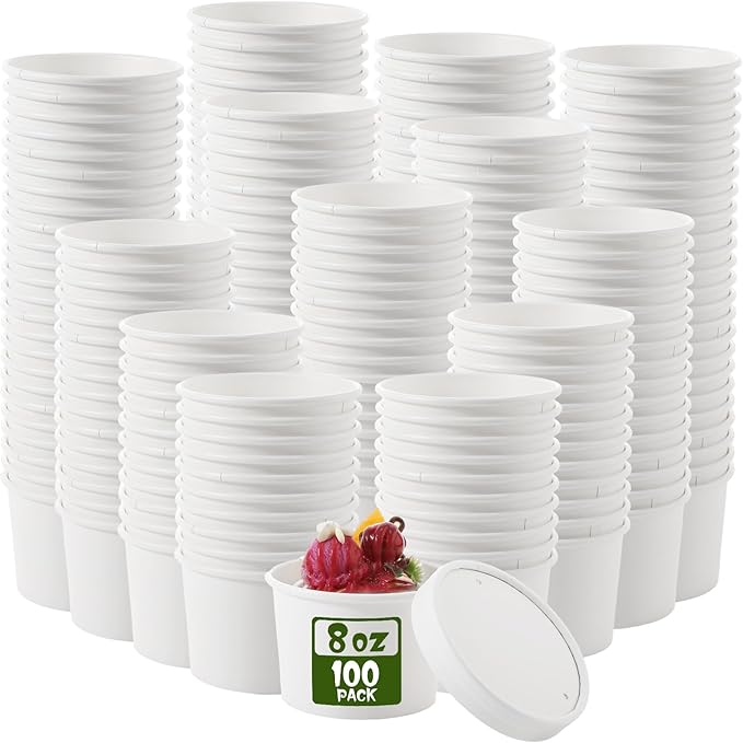 Fulmoon 100 Pack Paper Soup Containers with Lids Disposable Paper Food Containers with Vented Lid Kraft Ice Cream Cake Dessert Cups Soup Bowl for Party Hot Food Fruit Microwave(8 oz,White)