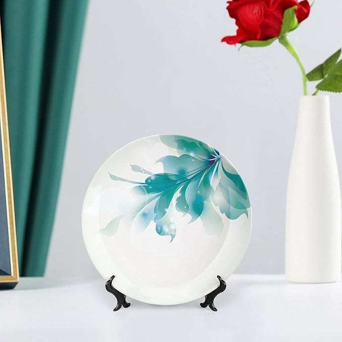 Decorative Plates, Abstract Decor Print Ornament, Big Single Beautiful Blue Ombre Flowers, 8 Inch, Kitchen Wall Decor, White Light Blue and Blue