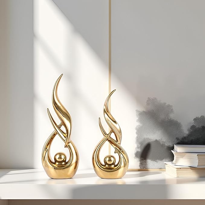 XMGZQ Gold Ceramic Abstract 2 Piece Statue Set,Mid Century Modern Abstract Art Home Decor Statue Mantelpiece on Unique Shelf Decor, TV Cabinet Divider Table top and Dining Table Centerpiece (Gold)