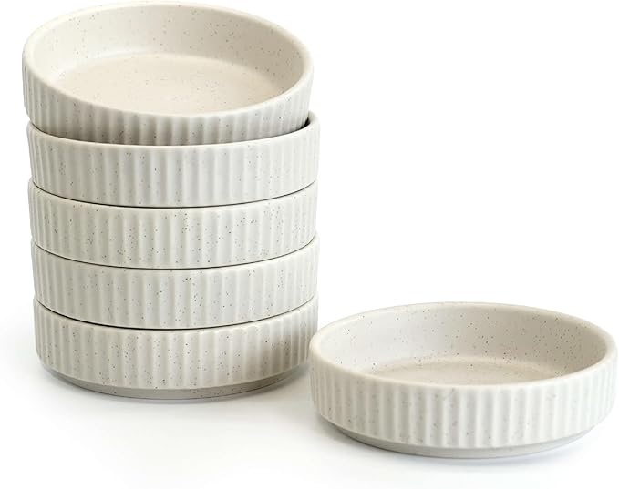 Ceramic Dipping Bowls Set of 6, 4oz Sauce Dishes, 3.74 Inch Diameter, Oxford White with Vertical Texture, Stackable & Dishwasher Safe (White)