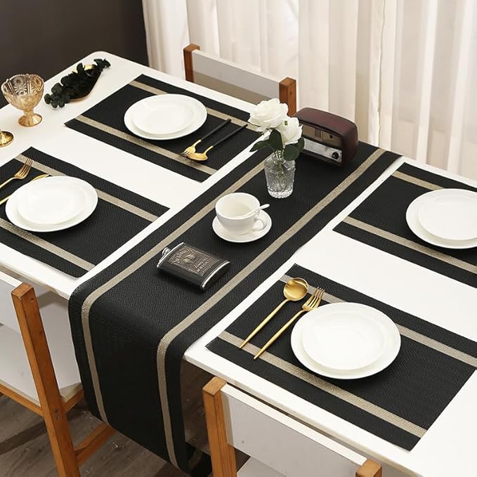 FAVE Placemats Set of 12 Black Placemats Woven with Golden Thread Vinyl Placemat for Wedding, Banquet, Birthday, Party, Restaurant Decorations(Black, 12"x18"-12PCS)