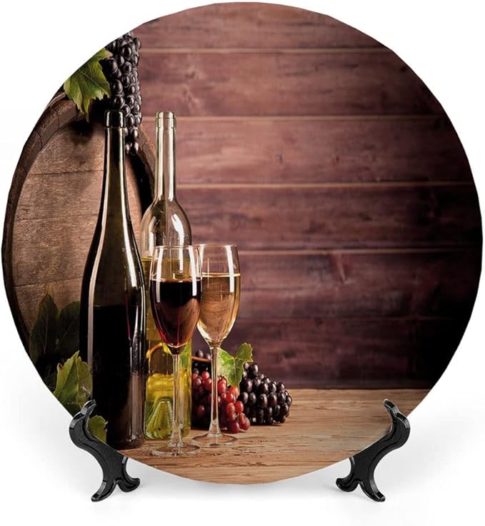 Decorative Plates, Wine Print Ornament, Still Life of Wine with Wooden Keg Rustic, 7 Inch, Kitchen Wall Decor, Brown Green Light Brown