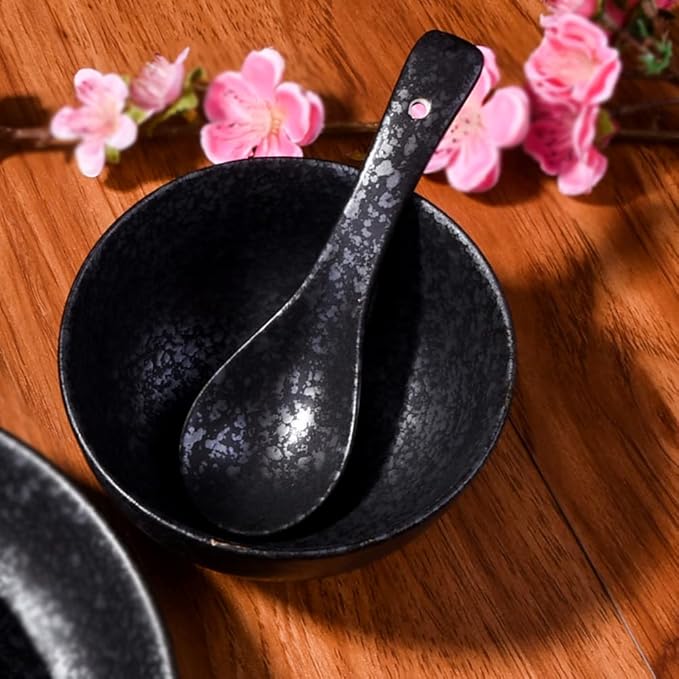 4-Piece Ceramic Dinnerware Set, Plate, Dish, Bowl, Spoon, Japanese Hand-painted Tableware set, A Good Tableware (Black)