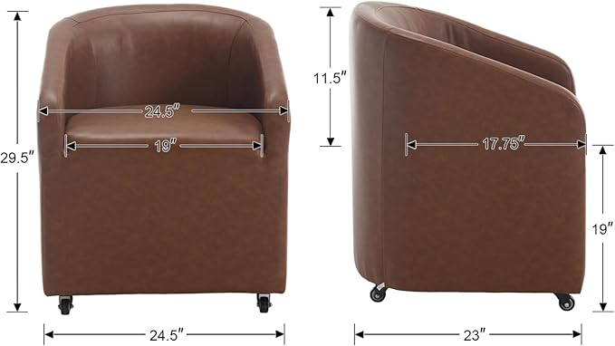 Modern Barrel Dining Chairs with Rolling Casters Set of 6, Upholstered PU Leather Swivel Dining Room Chairs with Wheels for Kitchen Living Room Home Office, Brown