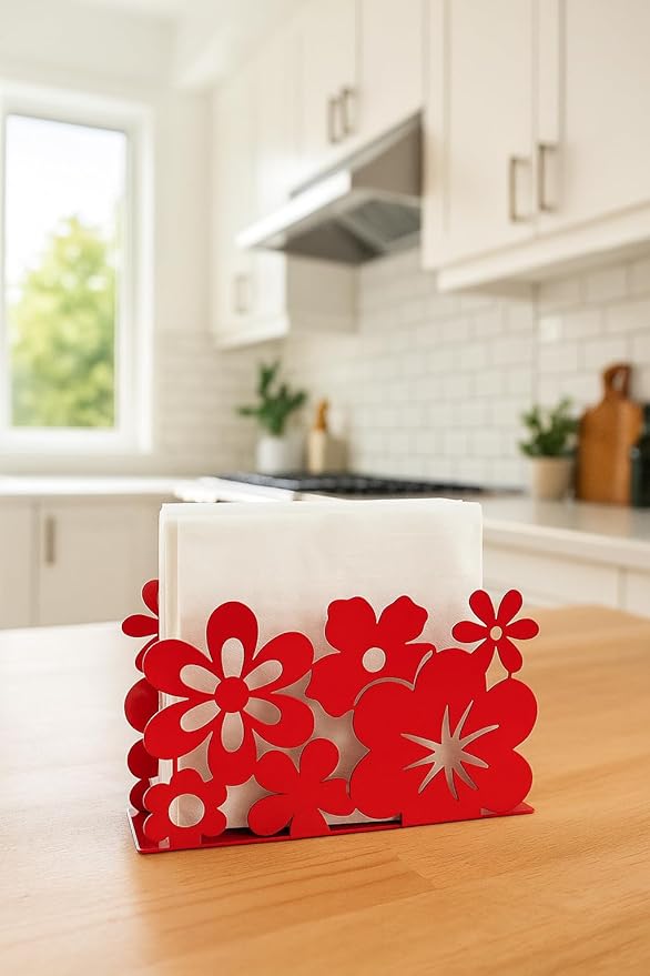Mango Steam Tabletop Napkin/Tissue & Letter Holder For Home, Kitchen, Restaurants (Flower, Red)