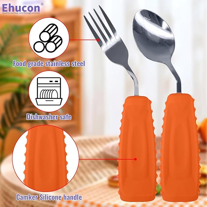 Adaptive Utensils Angled Spoon and Fork for Hand Tremors Parkinsons,Weighted Utensils with Non-Slip Easy Grip Handles for Independent Eating (1pcs Spoon+1pcs Fork=2 pcs,Orange,Right Hand)