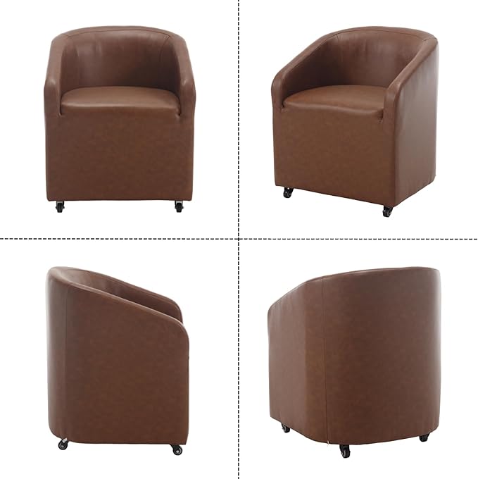 Modern Barrel Dining Chairs with Rolling Casters Set of 6, Upholstered PU Leather Swivel Dining Room Chairs with Wheels for Kitchen Living Room Home Office, Brown