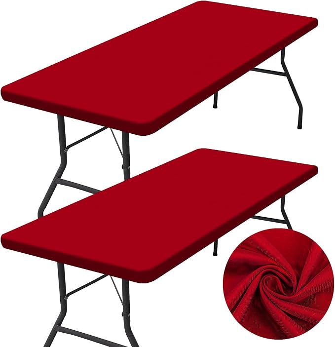 homing 2 Pack Rectangle Table Cloth, Elastic Fitted Fabric Tablecloth Fits for 6 Foot Folding Tables, Washable Table Cover for Picnic, Camping, Indoor & Valentine's Day (Red, 30" x 72")