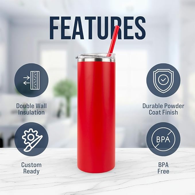 Hogg 20 oz Skinny Case (24 Units) - Red, Powder Coated Tumblers for Laser Engraving, Engravable Tumblers Bulk, Stainless Steel Cups Bulk, Insulated Cups with Lids and Straws