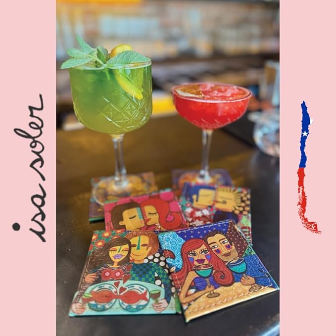 Square Coasters Set of 6, Drink Coaster Made in Chile with Colorful Design and Premium Materials, Beautiful Decor for Your Kitchen (Amor ES Amor)