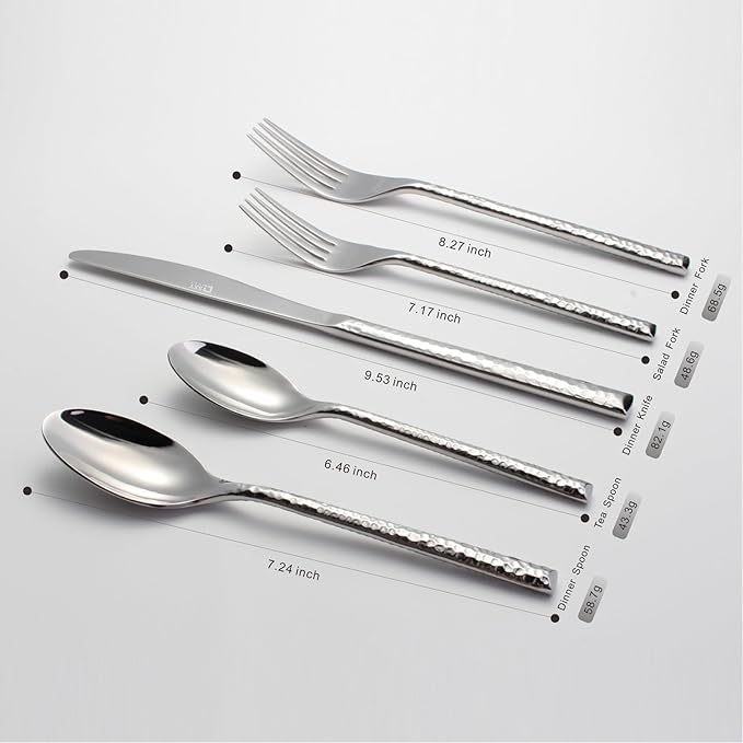 20-Piece Forged Hammered Stainless Steel Flatware Cutlery Set for 4, SXY INOX Includes Dinner Knives,Dinner Forks, Tea Spoons, Dinner Spoons, Salad forks, Mirror Polished - Dishwasher Safe