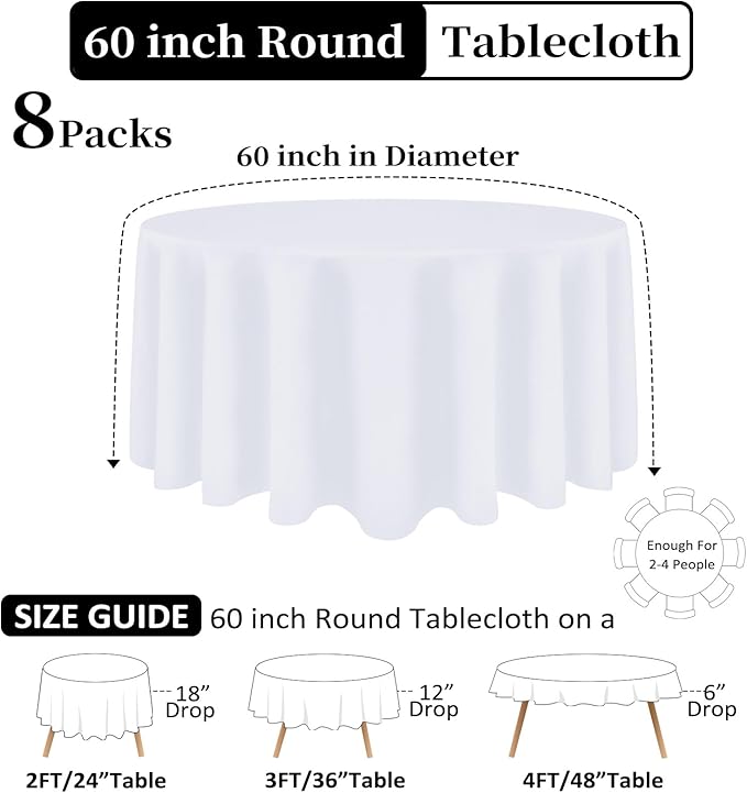 8 Pack White Round Tablecloth 60 Inch White Table Cloth (Fits 20-48 Inch Tables) Stain and Wrinkle Resistant Reusable and Washable Polyester Fabric for Buffet Wedding Party and Banquet