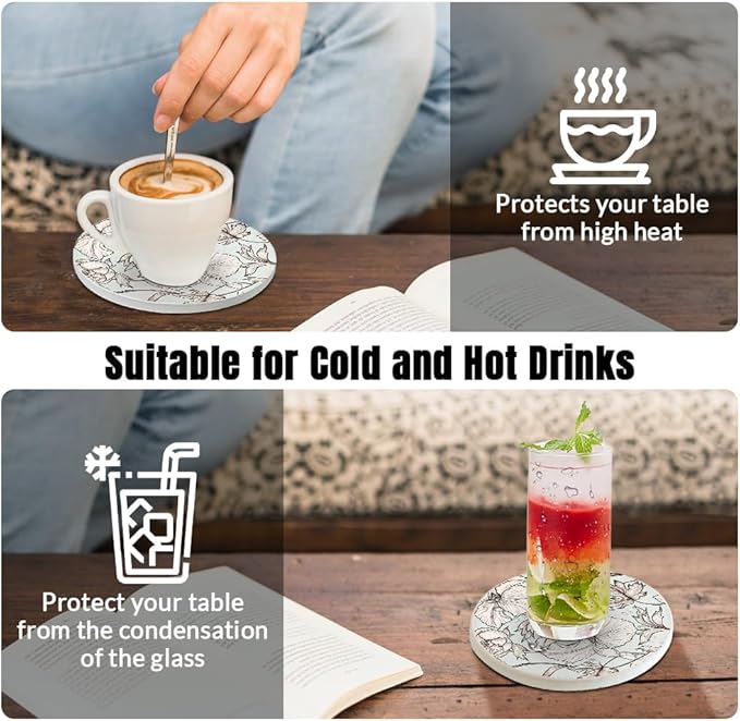 Ceramic Coasters Set of 6, Marble-Textured Design with Holder - Absorbent Cork-Backed Coasters for Cups, Bar & Coffee Table Decor Accessories (Flower-Leaves, 6 Pack)