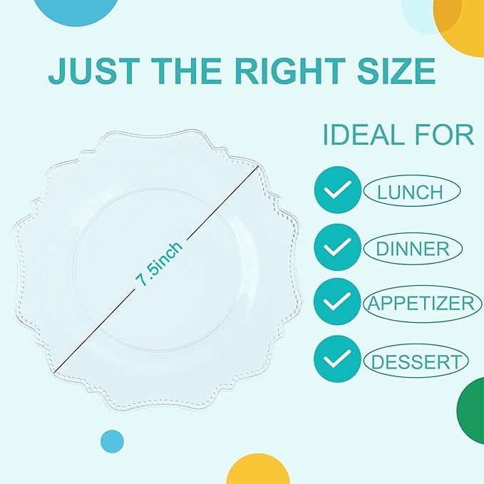 COLOSUS 100pcs 7.5 Inch Clear Plastic Dessert Plates-Heavy Duty Disposable Plastic Cake Plates,Premium Salad Plate,Fancy Disposable Cake Plate for Party for Party Thanksgiving and Everyday Use