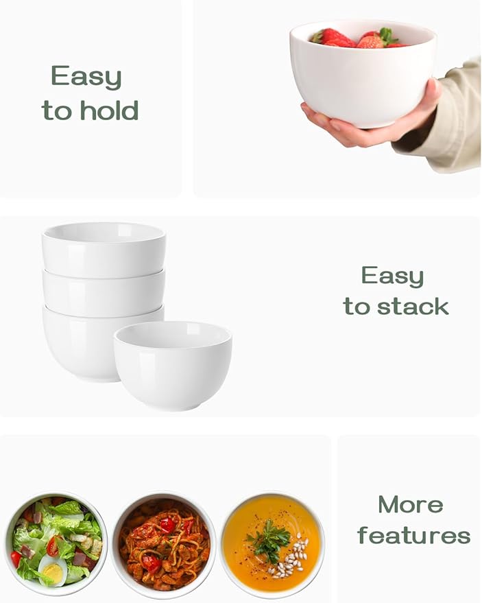 DOWAN 5.8" Deep Soup Bowls & Cereal Bowls - 30 Ounces Large Bowls Set of 4 for Kitchen - White Ceramic Bowls for Cereal, Soup, Oatmeal, Salad, Ramen, Noodle, Rice - Dishwasher & Oven Safe