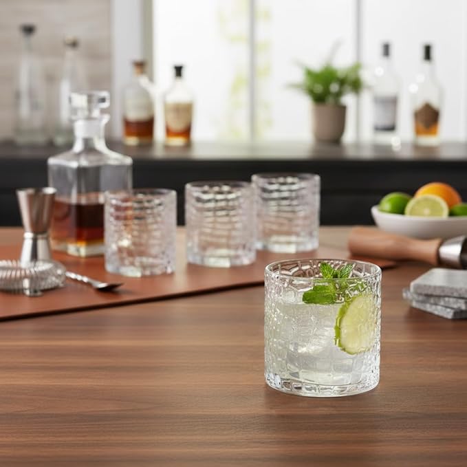 Glaver's DOF Set of 4 Clear 13oz Drinking Glasses Patent Crackle Textured Design Double Old Fashioned Whiskey Glasses Home Everyday Bar Glassware