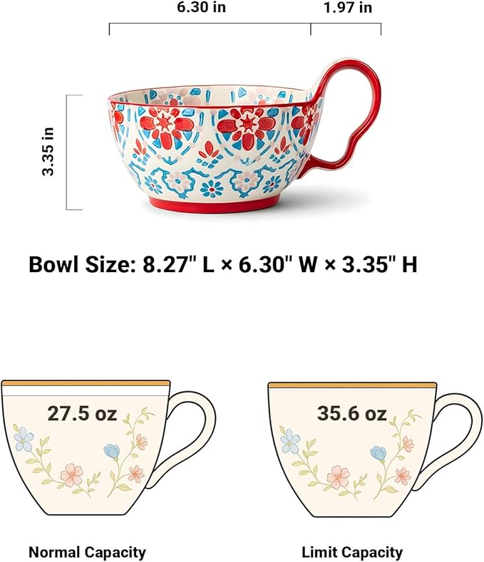 35oz Soup Bowls with Handles, Microwave Safe Large Ceramic Soup Bowl for Chili, Stew, Ice Cream, Berries & Fruits, Gift-Ready for Women, Christmas, Hostess Gifts & Fall Decor