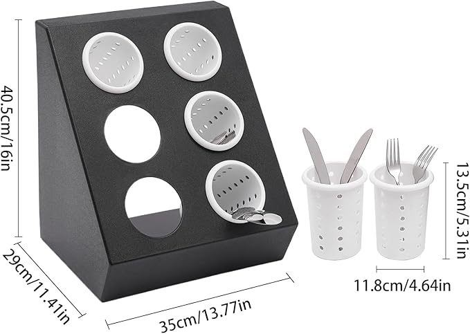 6-Compartment Utensil Holder - Black & White Restaurant Cutlery Organizer with Removable Liners, 22 lbs Capacity, for Kitchen Counter, Bars, Coffee Shops, Restaurants, & Hotels