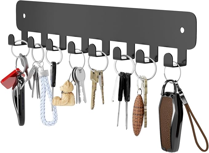 pickpiff Key Holder Wall Mount, Adhesive Key Rack with 8 Hooks Hanger for Car Key Ring, Metal Key Chain Organizer, Black 1 Pack