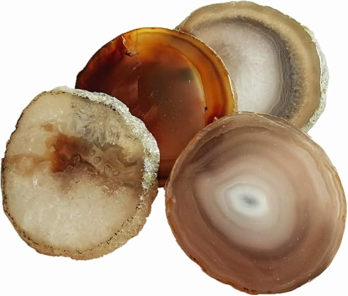 Agate Coasters Geode Agate Sliced Cup Mat 3-4'' 4Pcs Natural Color Polished Coasters with Rubber Bumper for Drinks Coffee Wine Home Decoration Gift Card