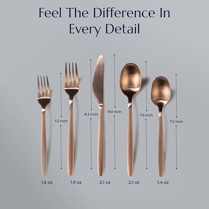 JazzUpCo Tia Flatware non toxic 18/10 stainless steel dishwasher safe (Matte Rose Gold, 16 Person Set (80 Pieces))